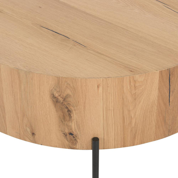 Round Drum Coffee Table Light Oak Wood Veneer & Gunmetal Base 38 inch