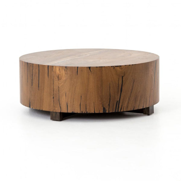 Round Drum Coffee Table Natural Yukas Wood Bronze Iron Base 40 inch