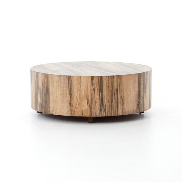 Round Drum Coffee Table Spalted Primavera Wood Iron Base 40 inch