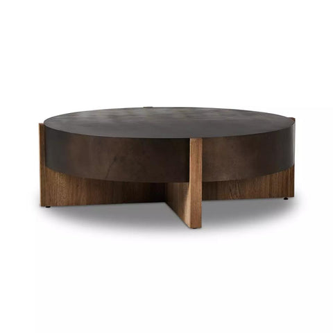 Round Drum Style Coffee Table Rustic Oak Veneer & Distressed Iron 55 inch