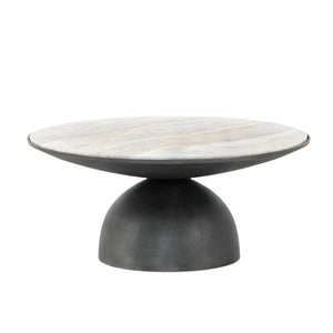 Round Pedestal Coffee Table Cream Taupe Marble Top Gray Aluminum Base 35 inch