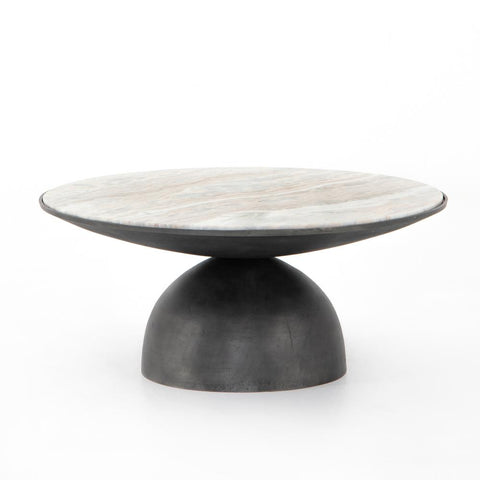 Round Pedestal Coffee Table Cream Taupe Marble Top Gray Aluminum Base 35 inch