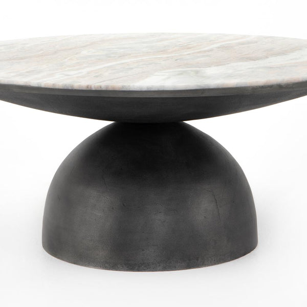 Round Pedestal Coffee Table Cream Taupe Marble Top Gray Aluminum Base 35 inch