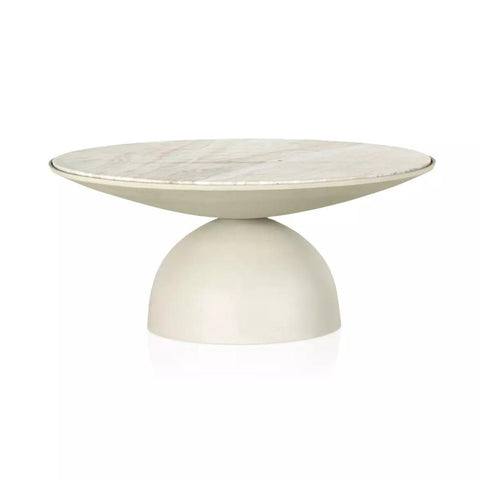 Round Pedestal Coffee Table Cream Taupe Marble Top Matt White Aluminum Base 35 inch