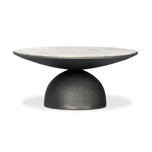 Round Pedestal Coffee Table River Grey Marble Top Gray Aluminum Base 35 inch