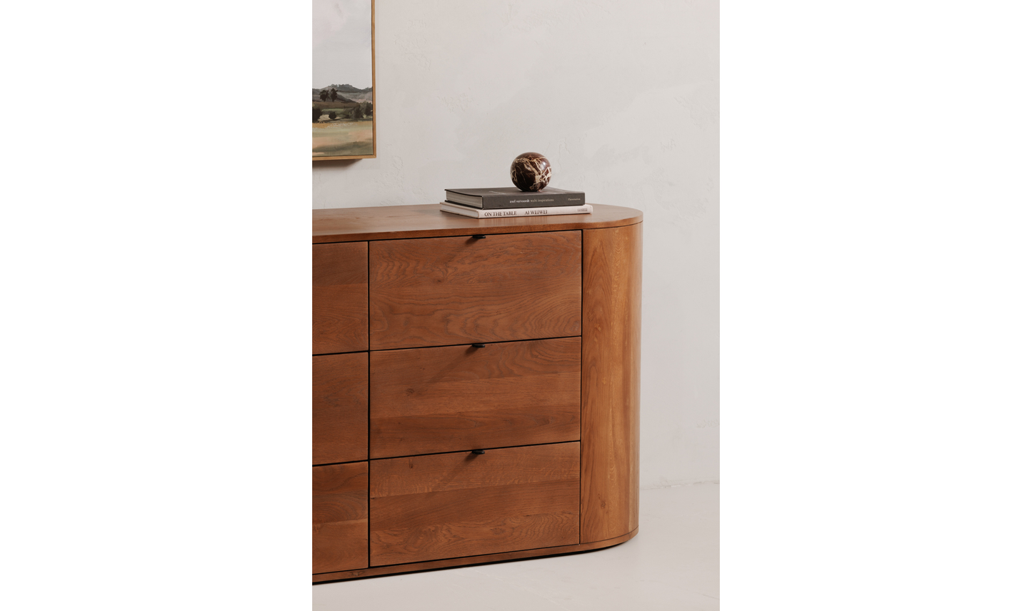 Rounded 6 Drawer Double Dresser Brown Solid Oak Wood 66 inch