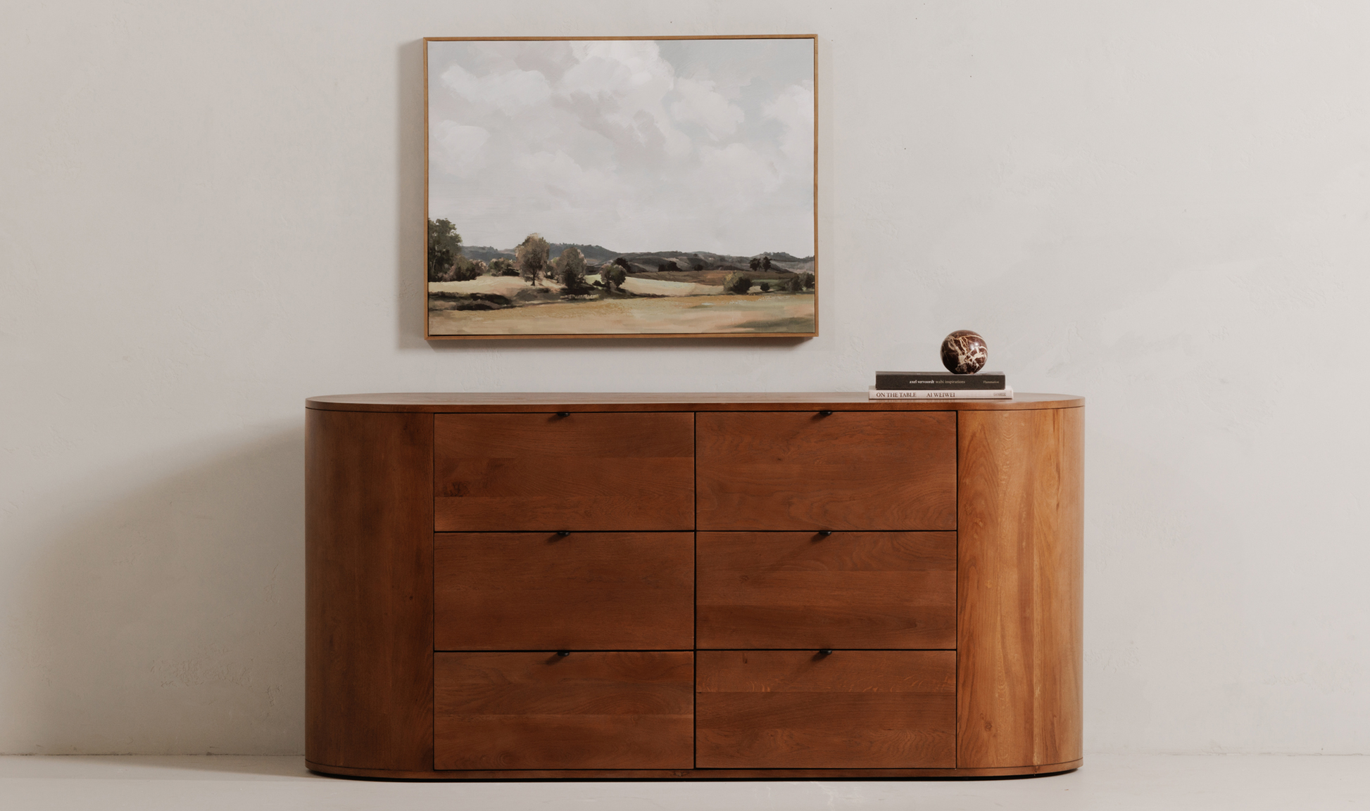 Rounded 6 Drawer Double Dresser Brown Solid Oak Wood 66 inch