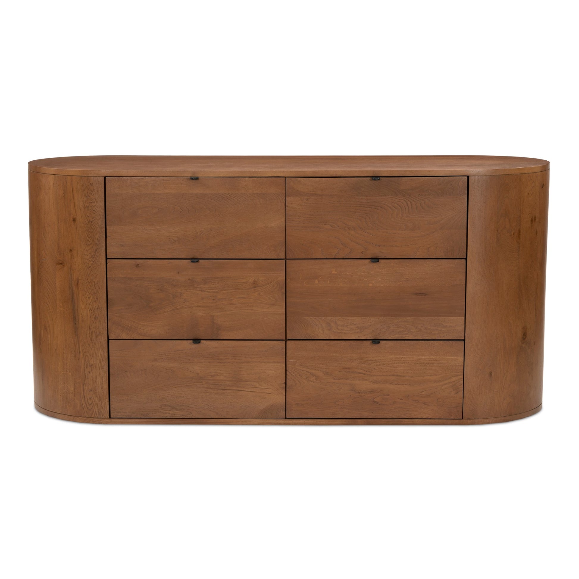 Rounded 6 Drawer Double Dresser Brown Solid Oak Wood 66 inch