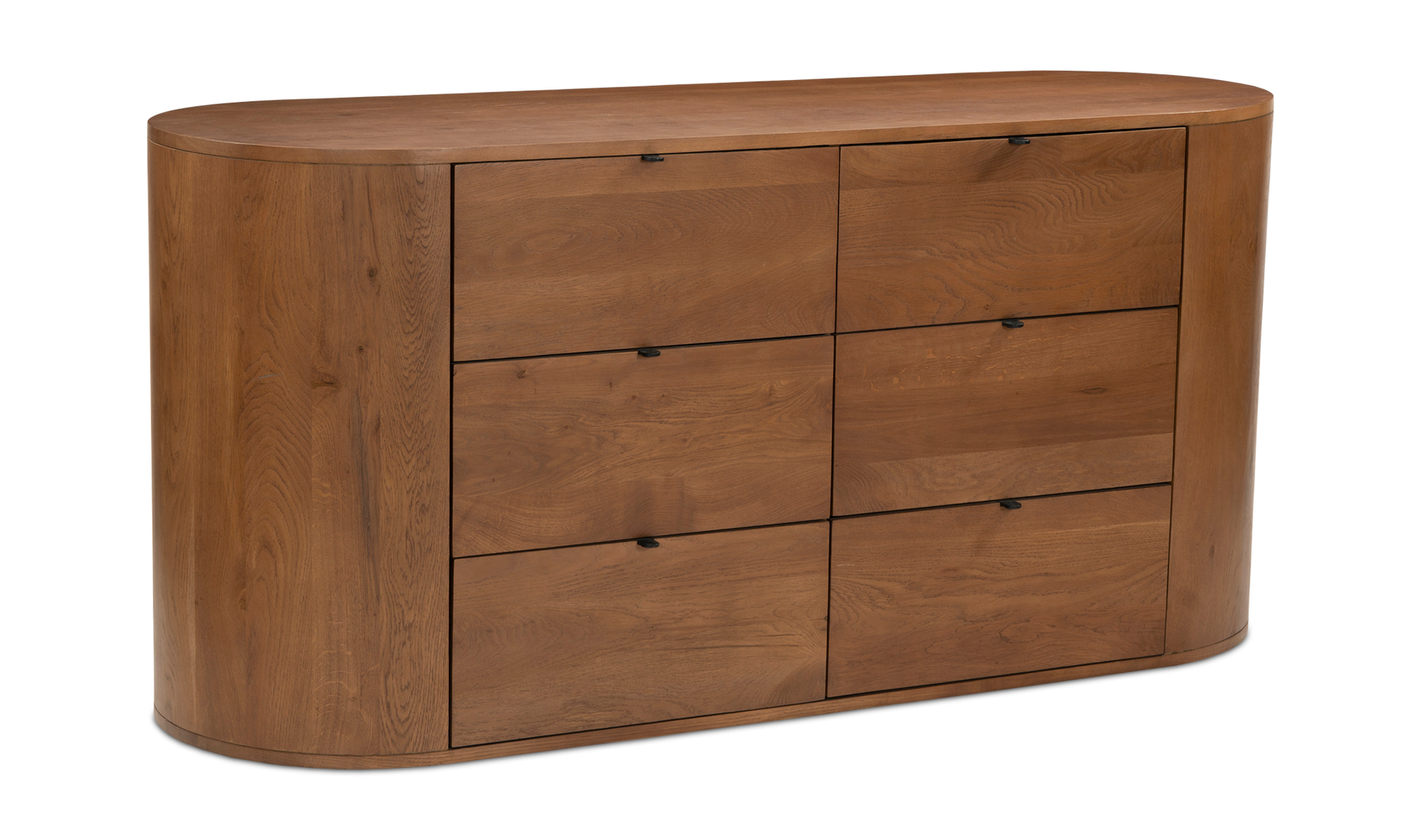 Rounded 6 Drawer Double Dresser Brown Solid Oak Wood 66 inch