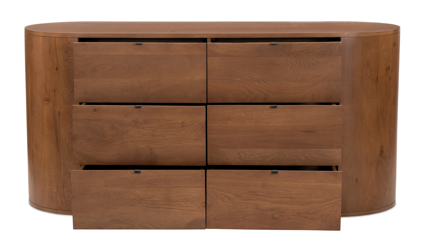 Rounded 6 Drawer Double Dresser Brown Solid Oak Wood 66 inch