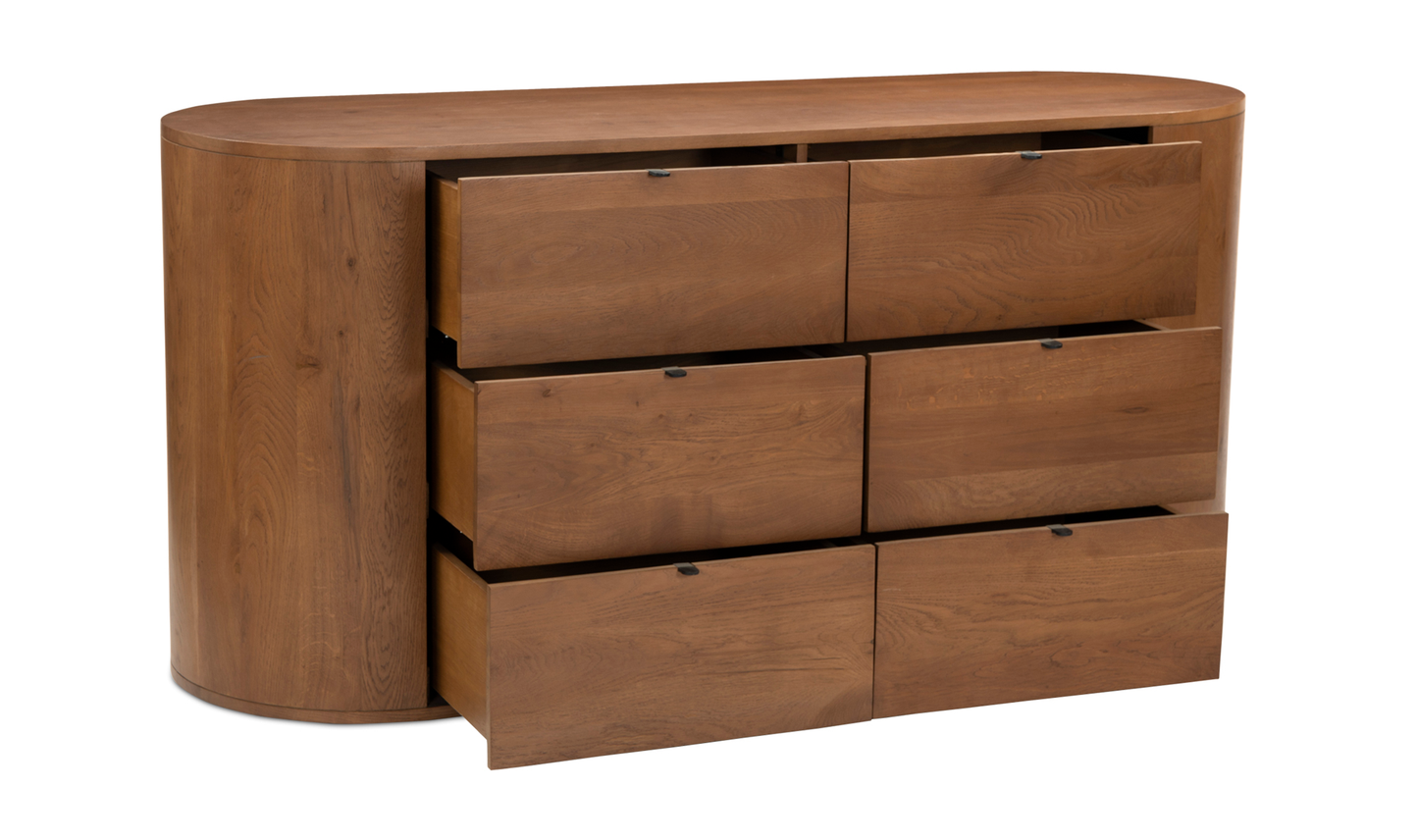 Rounded 6 Drawer Double Dresser Brown Solid Oak Wood 66 inch