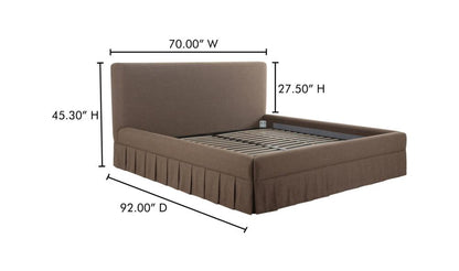 Rounded Corner Brown Box Pleat Fully Upholstered Queen Bed Frame