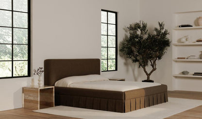 Rounded Corner Brown Box Pleat Fully Upholstered Queen Bed Frame