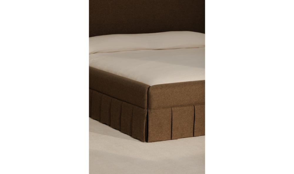 Rounded Corner Brown Box Pleat Fully Upholstered Queen Bed Frame