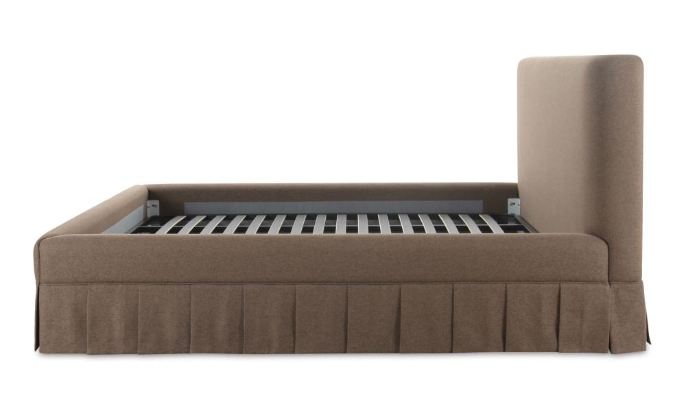 Rounded Corner Brown Box Pleat Fully Upholstered Queen Bed Frame
