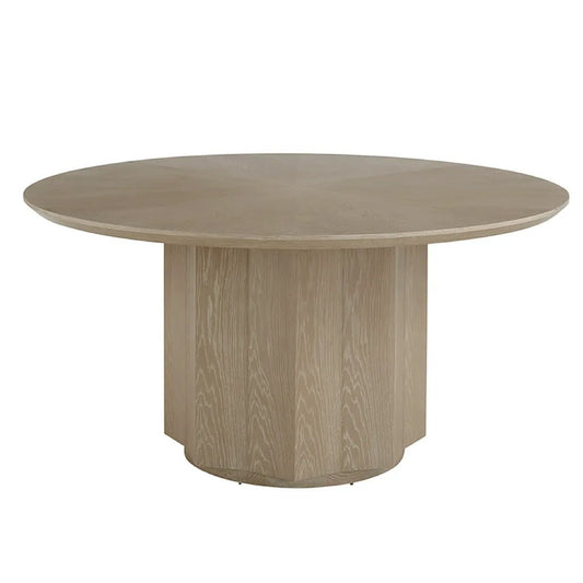 Fluted Pedestal Base Round Oak Wood Dining Table in Washed Stone 60 inch