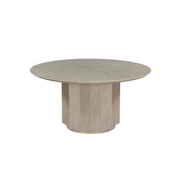 Fluted Pedestal Base Round Oak Wood Dining Table in Washed Stone 60 inch