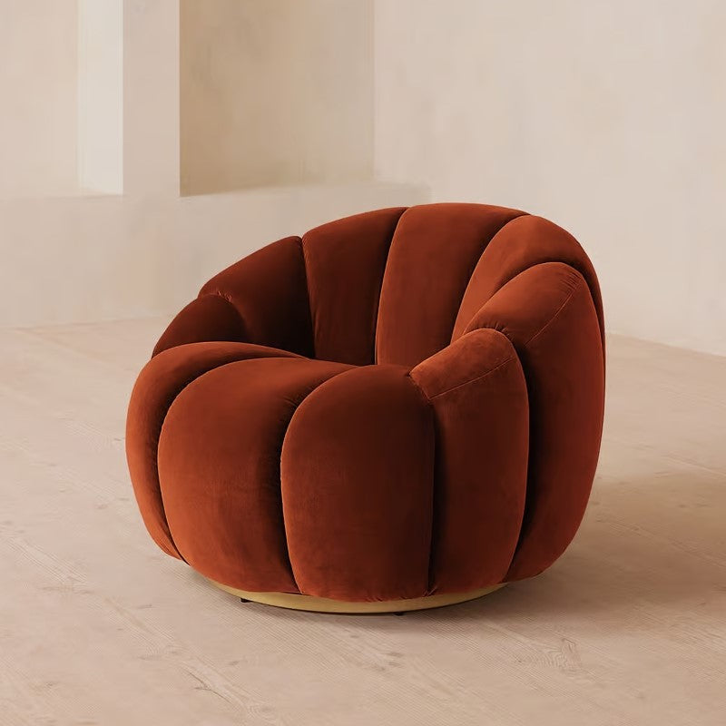 Rust Velvet Channel Tufted Swivel Lounge Chair