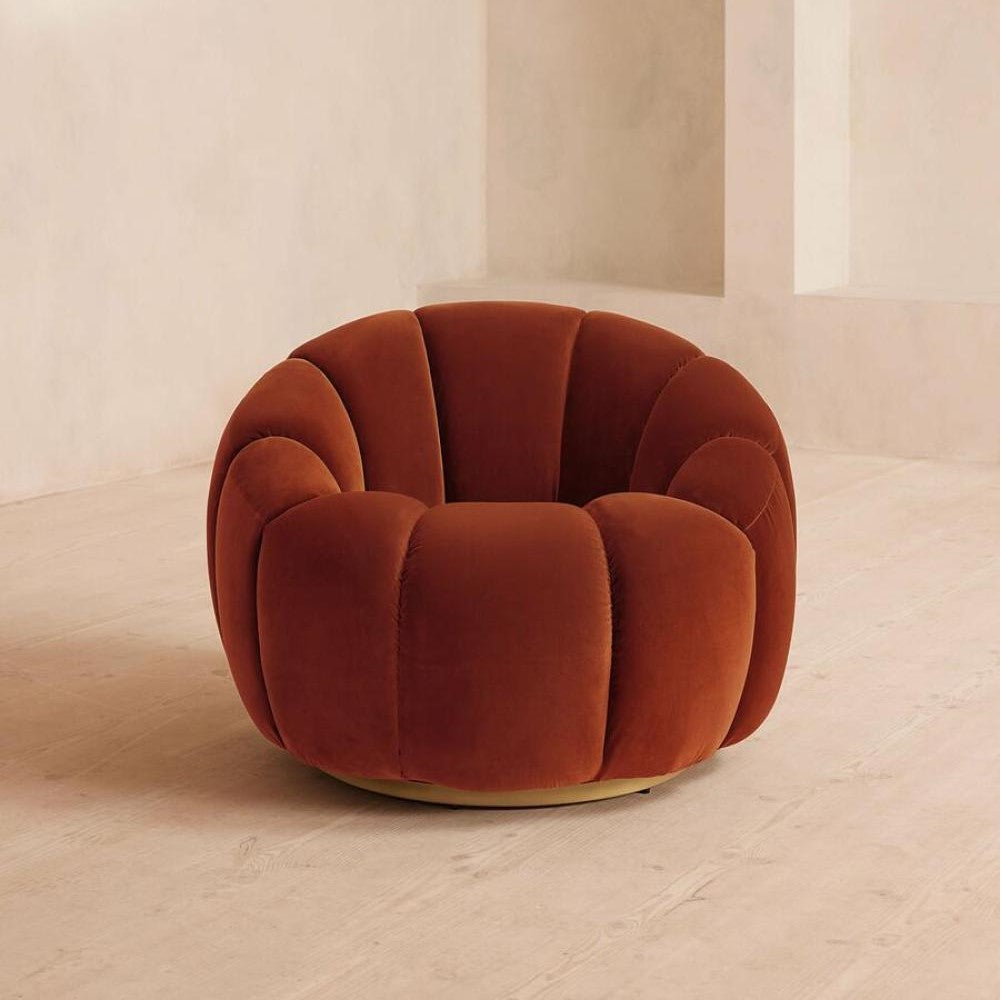 Rust Velvet Channel Tufted Swivel Lounge Chair