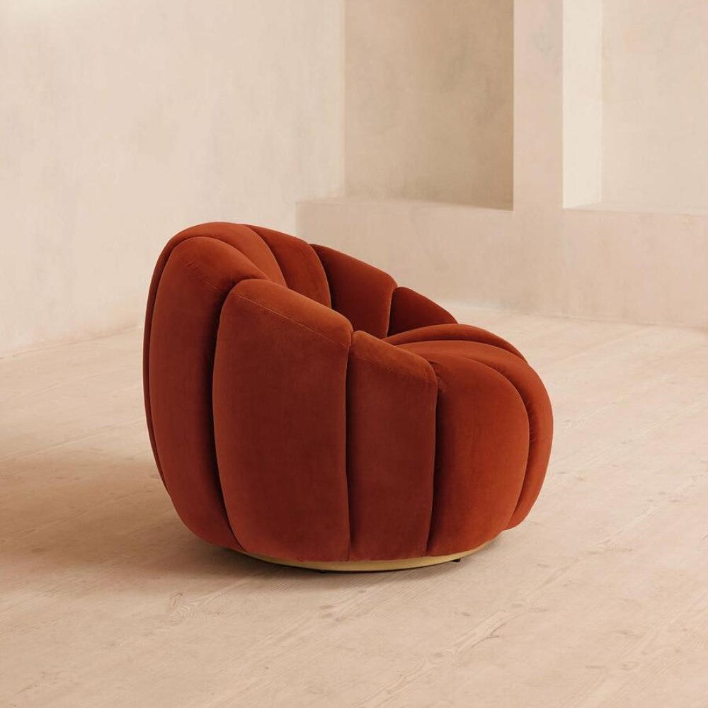 Rust Velvet Channel Tufted Swivel Lounge Chair