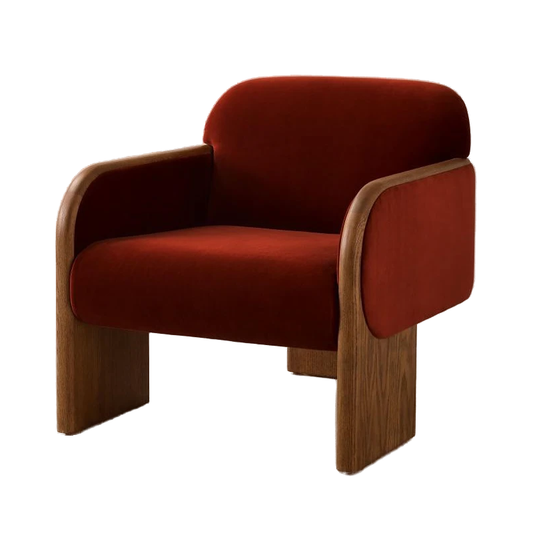 Rust Velvet Curved Back Three Leg Oak Wood Accent Lounge Chair