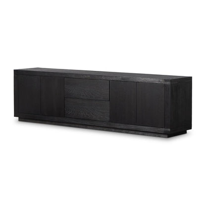 Rustic Black Worn Oak Wood Media Console Storage Cabinet 94 inch