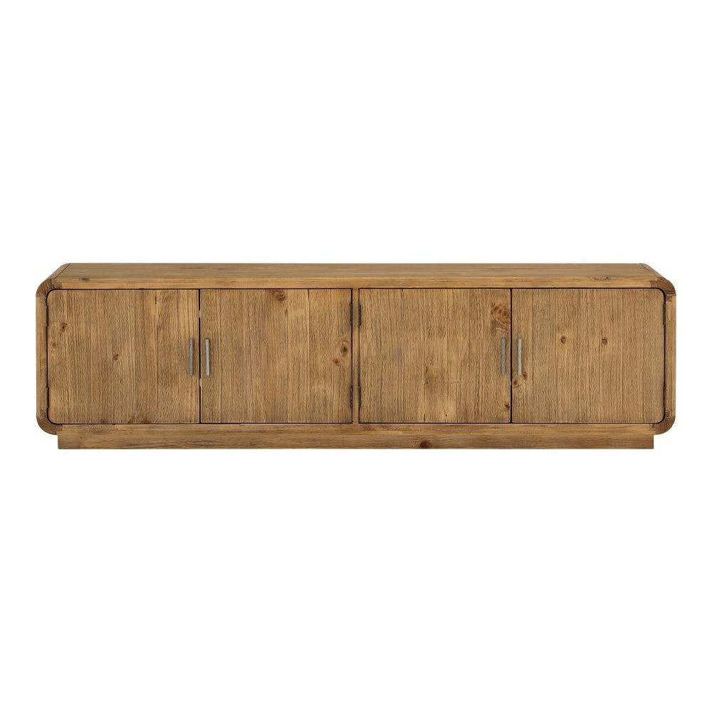 Rustic Blond Pine Wood Rounded Low Profile Media Console Storage Cabinet 79 inch