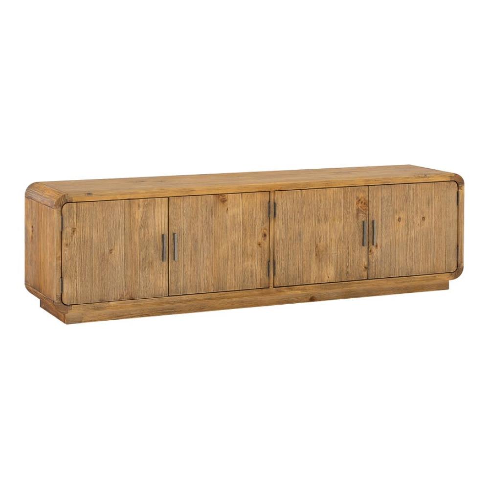 Rustic Blond Pine Wood Rounded Low Profile Media Console Storage Cabinet 79 inch