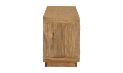 Rustic Blond Pine Wood Rounded Low Profile Media Console Storage Cabinet 79 inch