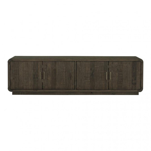 Rustic Brown Pine Wood Rounded Low Profile Media Console Storage Cabinet 83 inch