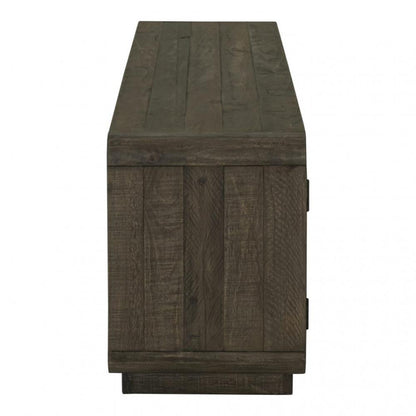 Rustic Brown Pine Wood Rounded Low Profile Media Console Storage Cabinet 83 inch