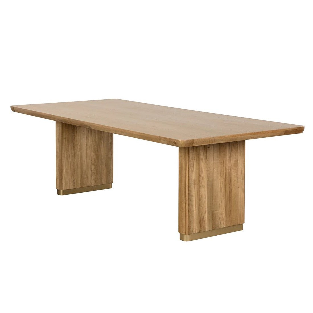 Rustic Oak Reeded Double Pedestal Brushed Gold Base Rectangle Wood Dining Table 96 inch