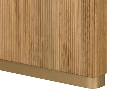 Rustic Oak Reeded Double Pedestal Brushed Gold Base Rectangle Wood Dining Table 96 inch