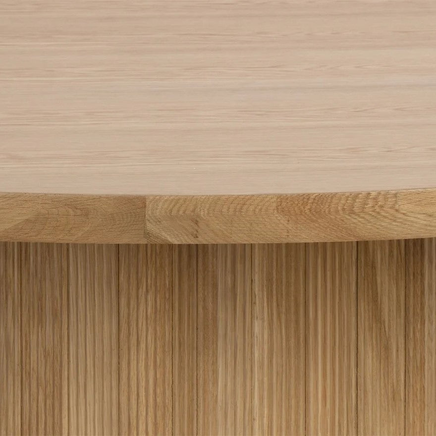 Rustic Oak Reeded Pedestal Brushed Gold Base Round Wood Dining Table 68 inch