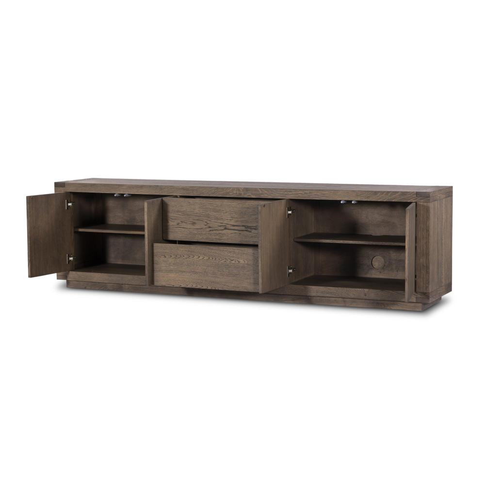 Rustic Worn Oak Wood Media Console Storage Cabinet 94 inch