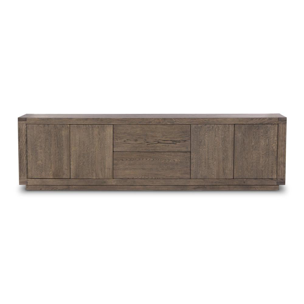 Rustic Worn Oak Wood Media Console Storage Cabinet 94 inch