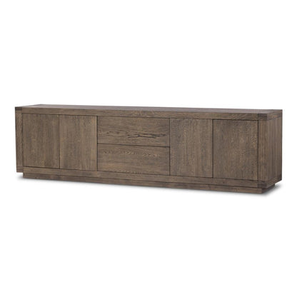 Rustic Worn Oak Wood Media Console Storage Cabinet 94 inch