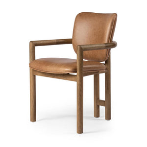 Saddle Leather Modern Curved Barrel Back Dining Chair Solid Oak Wood