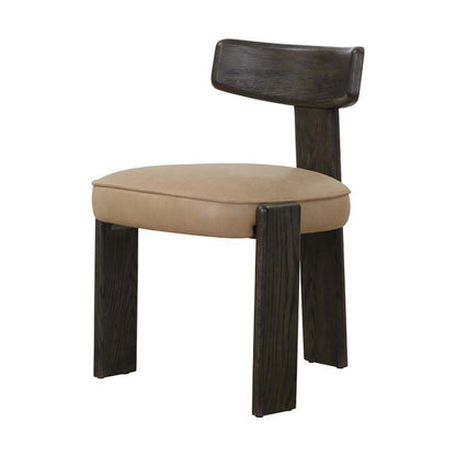Sand Leather & Dark Brown Solid Oak Wood 3 Leg Armless Dining Chair