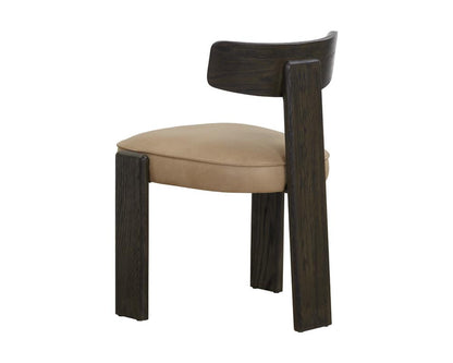 Sand Leather & Dark Brown Solid Oak Wood 3 Leg Armless Dining Chair