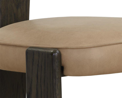 Sand Leather & Dark Brown Solid Oak Wood 3 Leg Armless Dining Chair