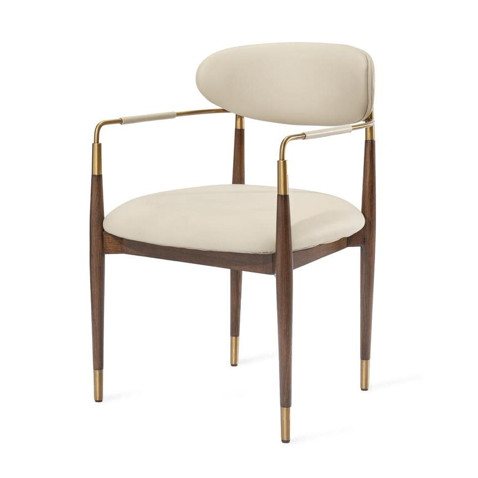 Satin Brass & Cream Faux Leather Modern Dining Chair Armchair Walnut Wood