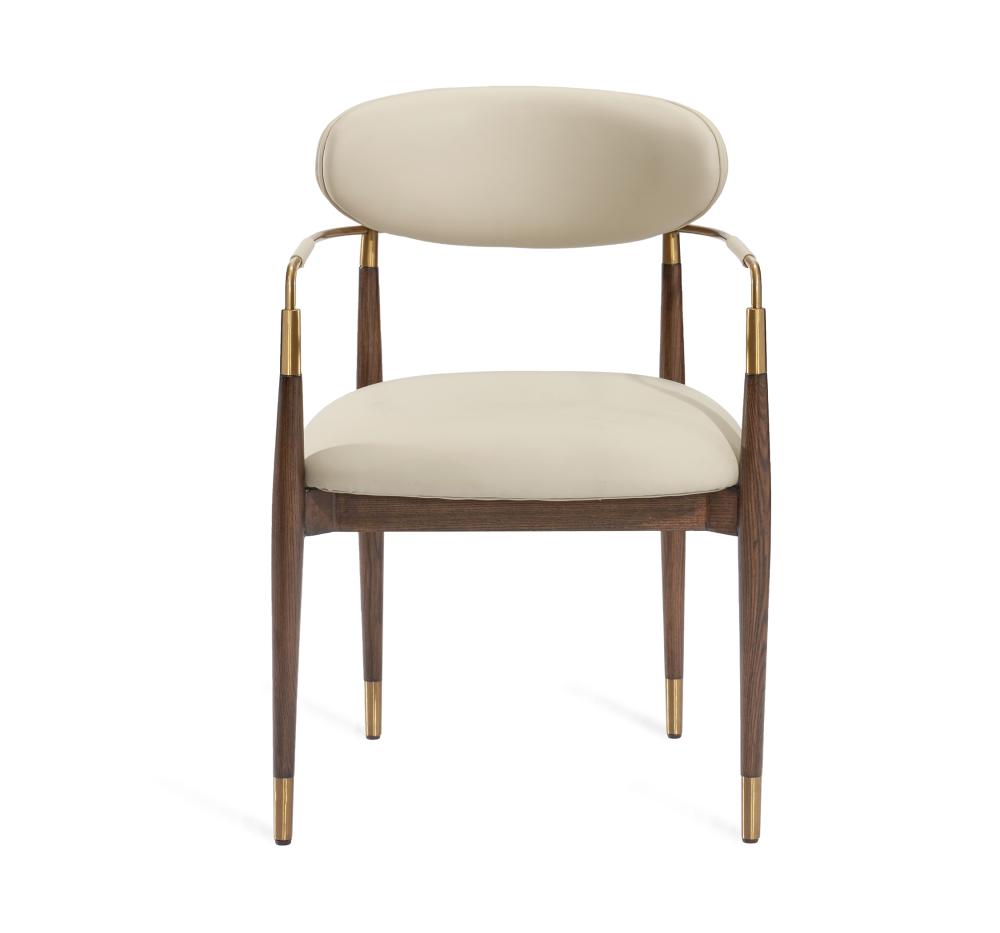 Satin Brass & Cream Faux Leather Modern Dining Chair Armchair Walnut Wood