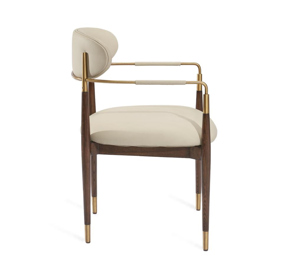 Satin Brass & Cream Faux Leather Modern Dining Chair Armchair Walnut Wood