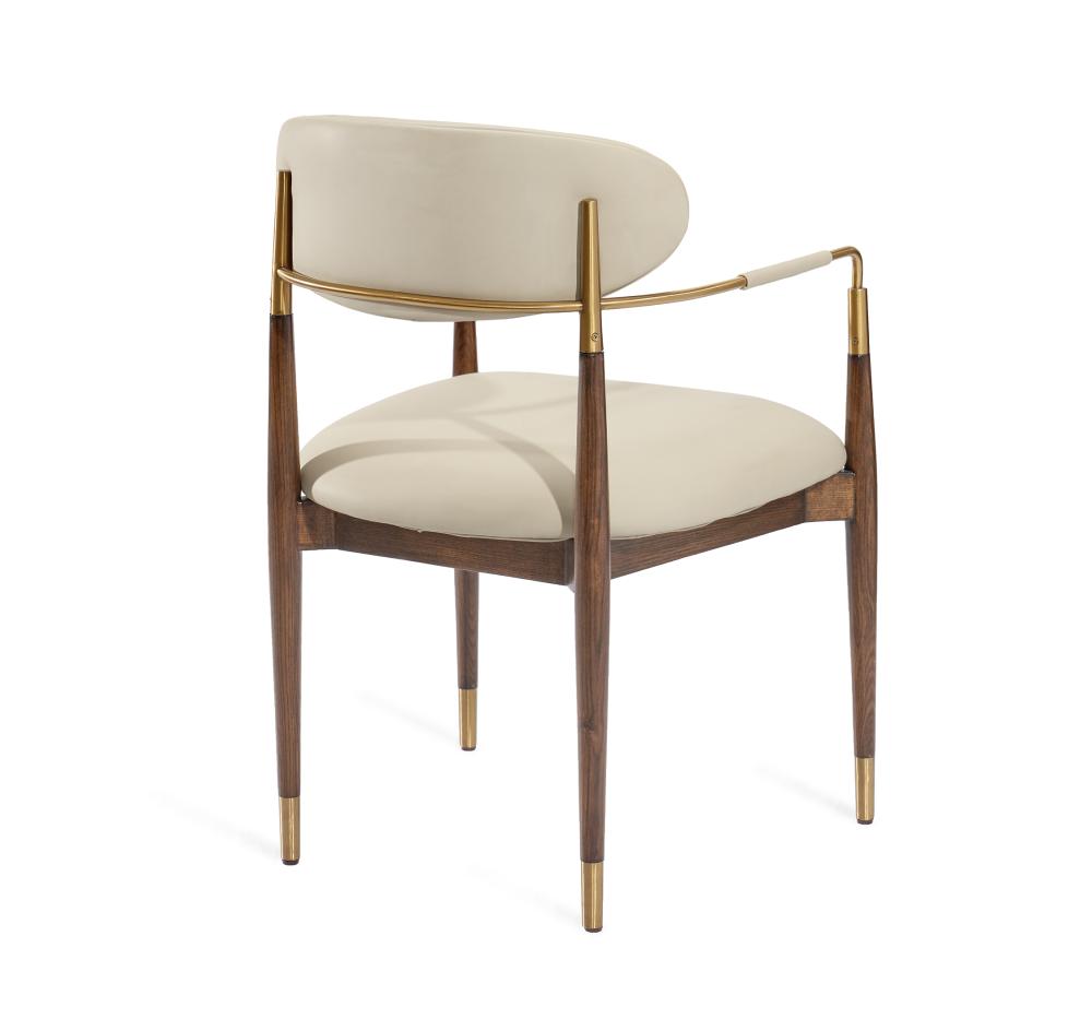 Satin Brass & Cream Faux Leather Modern Dining Chair Armchair Walnut Wood