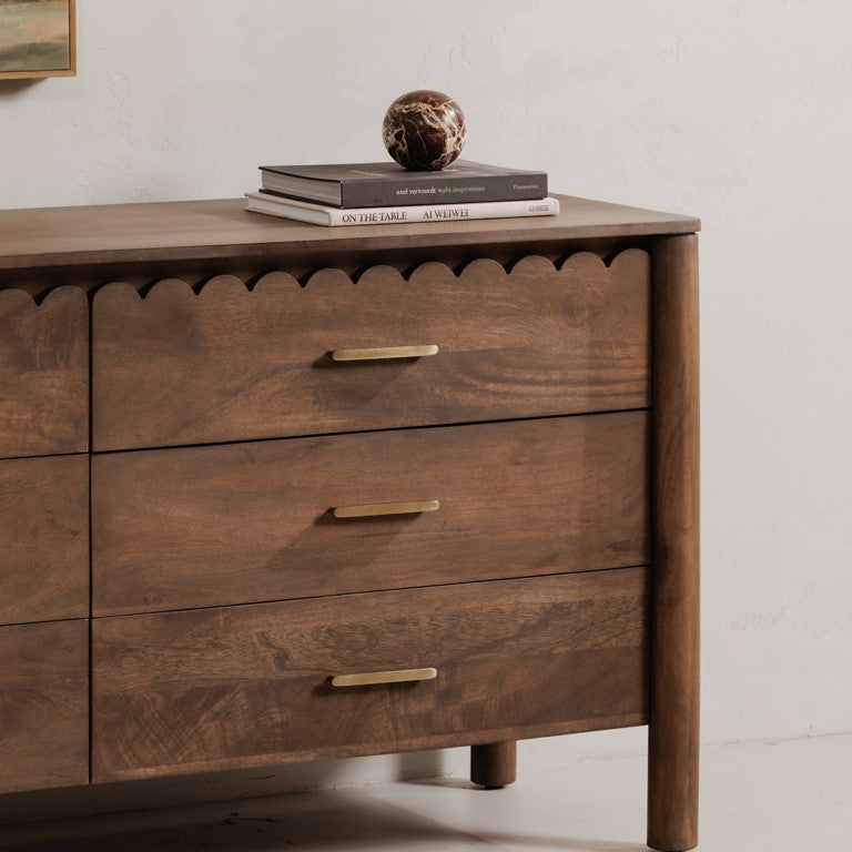 Scalloped 6 Drawer Double Dresser Brown Mango Wood 73 inch SLATE CUSTOM Scalloped 6 Drawer Double Dresser Brown Mango Wood 73 inch SLATE CUSTOM