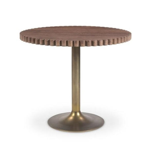 Scalloped Edge Brass Pedestal Base Round Bistro Dining Table Brown Oak Top 36 inch