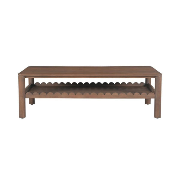 Scalloped Edge Two Tier Coffee Table Mango Wood Vintage Brown Finish 52 inch