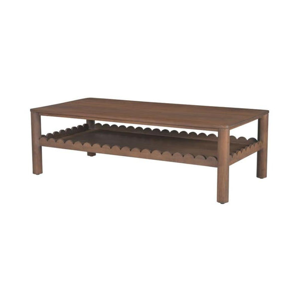 Scalloped Edge Two Tier Coffee Table Mango Wood Vintage Brown Finish 52 inch