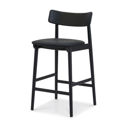 Scandi Cord Wrapped Back Counter Stool Charcoal Solid Oak Wood & Black Leather